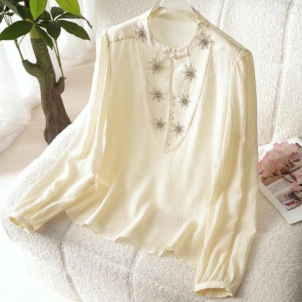 Camicette da donna vera seta camicia vintage in stile cinese diamanti a maniche lunghe blusa camicie eleganti camicie per donne