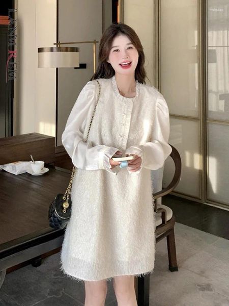 Lässige Kleider Lanmrem Stitching Beige Kleid für Frauen Langarmknöpfe Dekorationen Mini Koreanischer Stil weiblicher Kleidung 2da4820