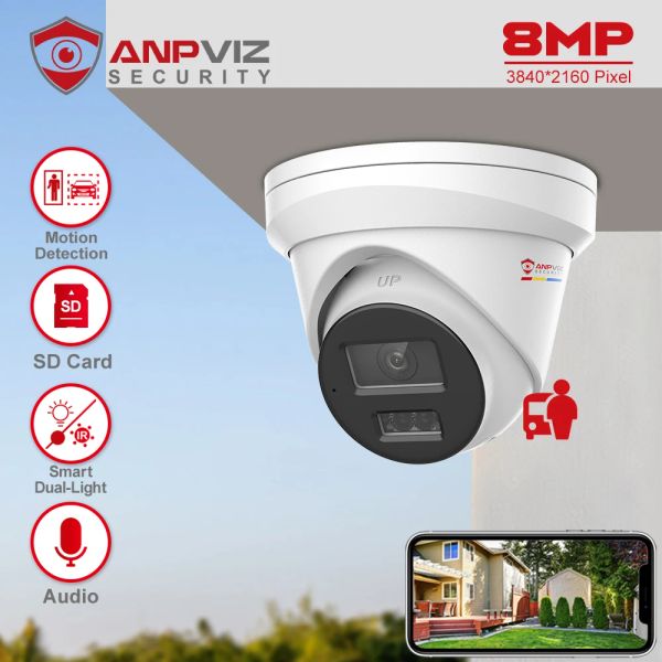 Камеры anpviz 8mp poe ip turret camera camera retemoor smart duallight colorvu cctv видео наблюдение IP67 SD -карта слот для человека/автомобиля обнаружение