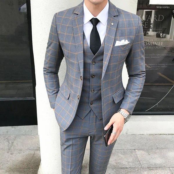 Herrenanzüge männliche 3-teilige Set Blazer Weste Hosen High-End Brand Boutique Plaid Business Slim Anzug Bräutigam Hochzeitskleiderparty Soziale