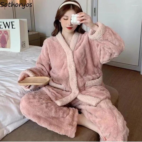 Pijama de roupas domésticas define mulheres espessadas espessadas com painéis casuais calças de sono tenro estilo coreano