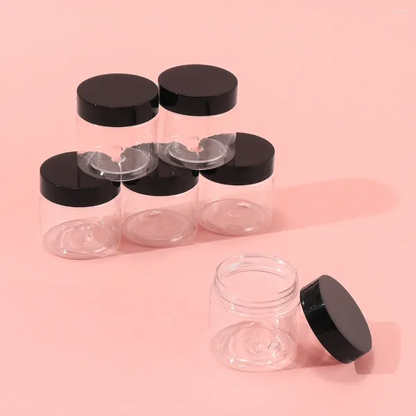 Garrafas de armazenamento 6pcs 60ml/2 oz de recarga clara de plástico largo malha de jarra de jarra com estojo de suporte de tampa preta para esfoliações de açúcar para o corpo embalando