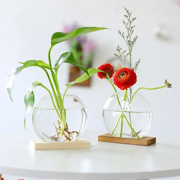 Вазы скандинавский стиль круглый стеклянный ваза деревянные стенд цветочные растения гидропонные горшки гостиная домашний офис сад
