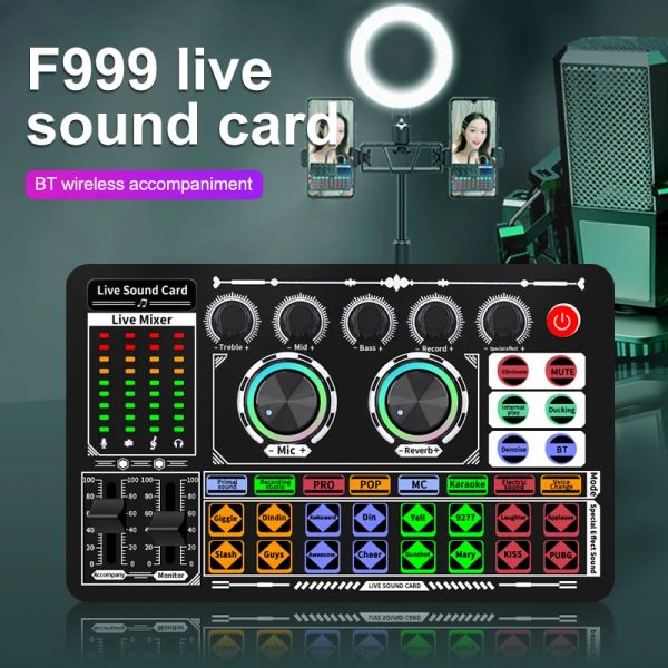 Microfoni F999 mixer Bluetooth SoundCard Audio Mic Mic USB Streaming a due cellulari