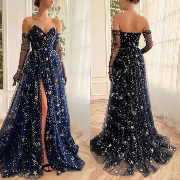 Blu navy a linea abiti da sera con il lato a cuore abiti da ballo lunghi abiti scintillanti di stelle splendenti abiti formali per occasioni speciali