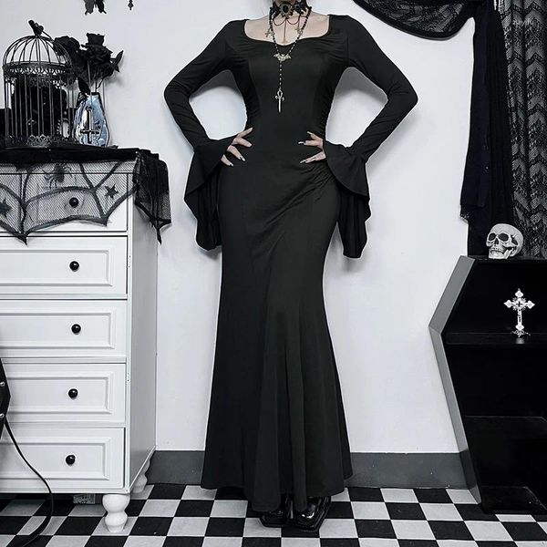 Vestidos casuais vestido de manga de inverno gótico Adams Família Tees Feminino Fishtail Halloween traje