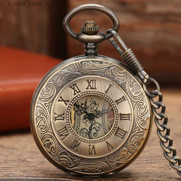 Relógios de bolso steampunk bronze cadeia de esqueletos de bolso romano pingente digital vintage com preenchimento de cadeia de 30 cm p839c l240402