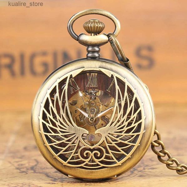 Pocket Watches Vintage Bronze/Black Heart Wings Hohldesign Herren Mechanische Tasche Römisch digitales Zifferblatt Handbuch FOB Kette Anhänger L240402