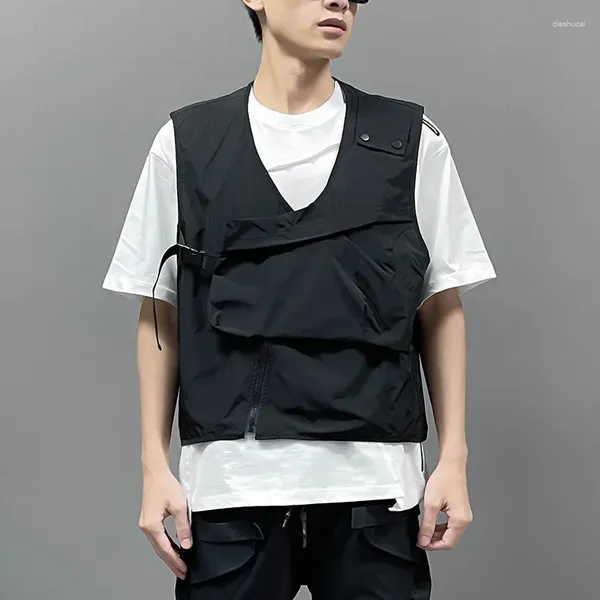 Coletes masculinos com zíper inclinado Back Hollow Out Techwear Cargo Vest dos homens punk Hip Hop Comforto curto estilo empilhado Coloque