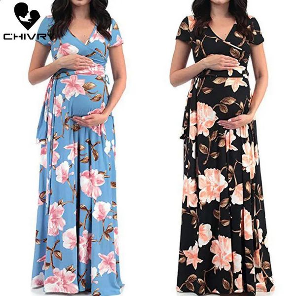 Maternidade de chivry dres estampa floral manga curta vneck maxi vestido longo roupas casuais grávidas verão 240321