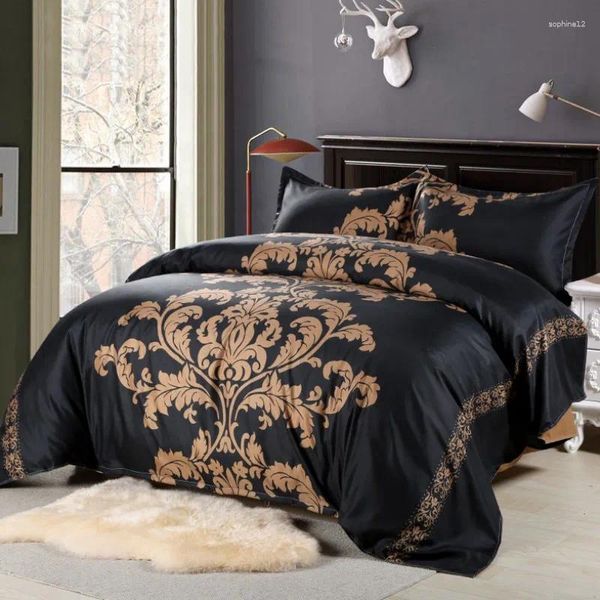 Conjuntos de cama Conjunto Black White Flor Duvet Tampa Reversível Consolador de Impressão Floral Vermelho/Golden King Quilt 3pc