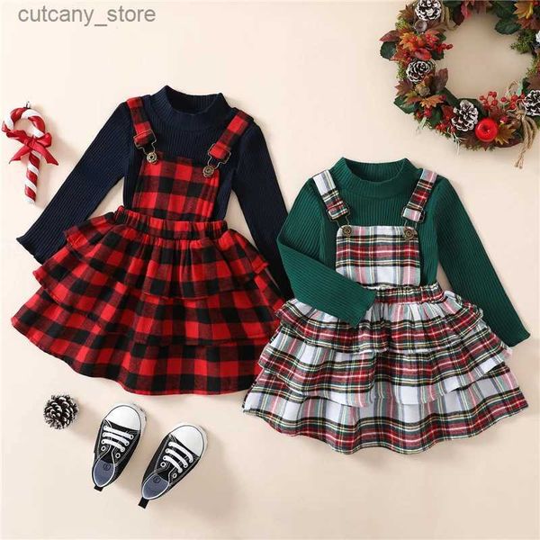 Vestidos de menina natal Toddr Girls Roushs Sets Fall Winter Baby Kids Fidros Suits Sweater Solid Solid Suspender Dress L240402