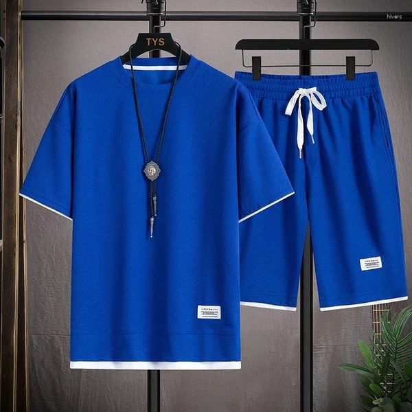 Men's Tracksuits Shirts Shorts Summer Waffle Fabric Sportswear Elastic Casual Sets Moda Masculina e Men Tamanho M-4xl