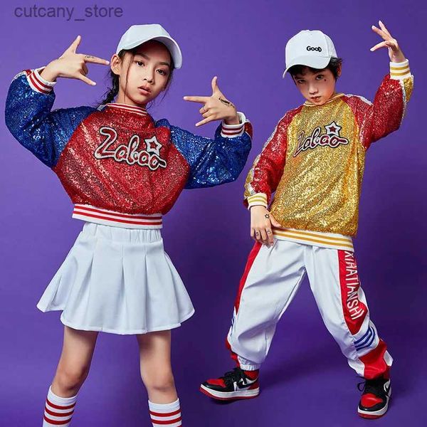 Girl's Dresses Boys Boys Hip Hop Seatshirt Girl Jazz Jogger Pants2 PCs Set Kids Patchwork Street Dance Outfit Bambino Costume Streetwear L240402