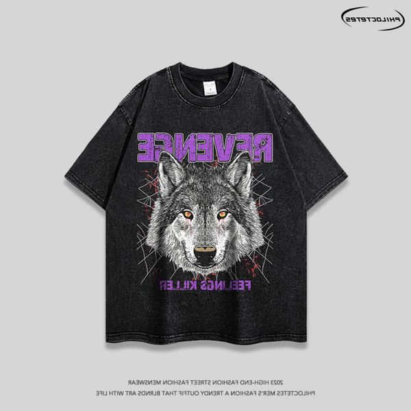 Kurzpolo Designer T-Shirt Frühling Sommer Herren Rock Tier Wolf Print Vintage Trendy Marke Waschen kurzärmeliges T-Shirt GS27