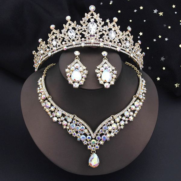 Blue Small Tiaras Dubai Jewelry Conjuntos para mulheres Coroa de casamento de noiva e brincos de colar Girls 3 Pcs Acessórios de fantasia 240401