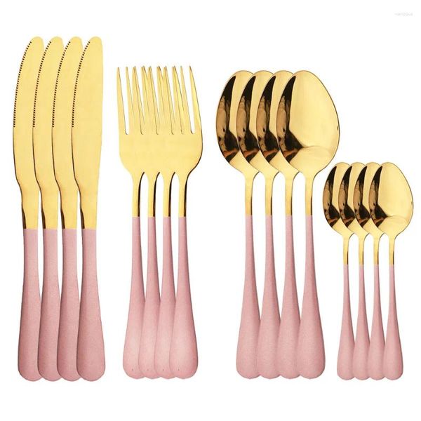 Geschirrsets 16pcs Pink Gold Tischgeschirr Set Edelstahlmesser Fork Löffel Abendessen Besteck Fläche Hochzeit Home Silberware