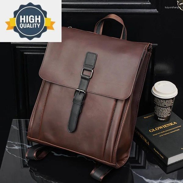 Backpack Horse Crazy PU PU Leather Laptop Saco para homens de moda de moda Mochilas Retro Travel Macho coreano