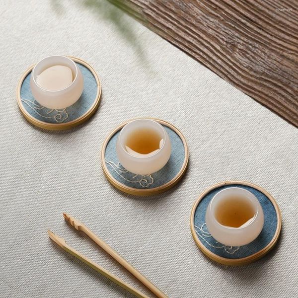Cups Saucers Retro handgefertigte Stickerei Zen Bambus Tee Tasse Tablett Japanische Stoffkaffee für Zuhause El Office Teaehouse
