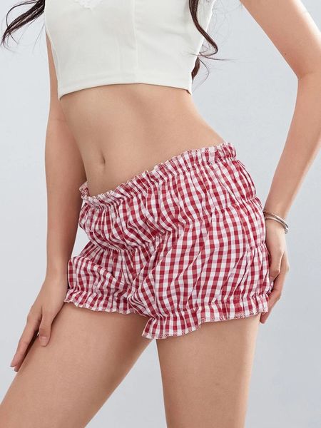 Women's Sleep abbigliamento 2024 Shorts casual estivo elastico in vita sottile arruffato per la spiaggia per la spiaggia Streetwear Red Plaid Stampa Pantaloni del pigiama