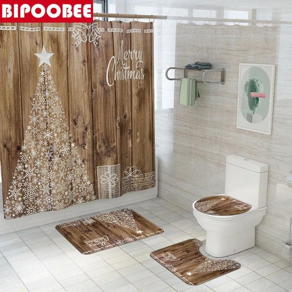 Cortinas de chuveiro Feliz Natal Impresso Set Bath tapetes tapetes de árvore de árvore de árvore de árvore Corte do banheiro com 12 ganchos decoração do festival