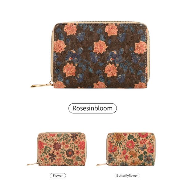 Retro bedruckte Rosenblume Frauen kurze Brieftaschen Korkdesigner Reißverschluss tragbare PU Leder Kartenhaltertasche Multifunktional Kartensteckplatz Damen Karten Vogeldruckmünze