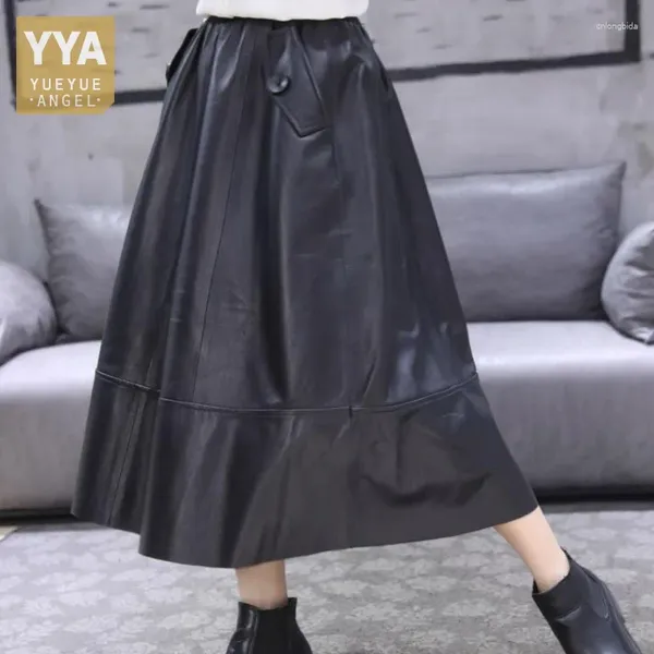 Юбки Хараджуку подлинная кожаная юбка Женщины свободно упругое высокое талия