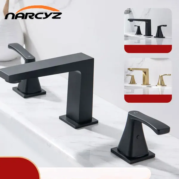 Rubinetti del lavandino da bagno moderni semplici a tre buche in acciaio inossidabile in acciaio nero freddo e rubinetto in ottone in ottone DN-17814