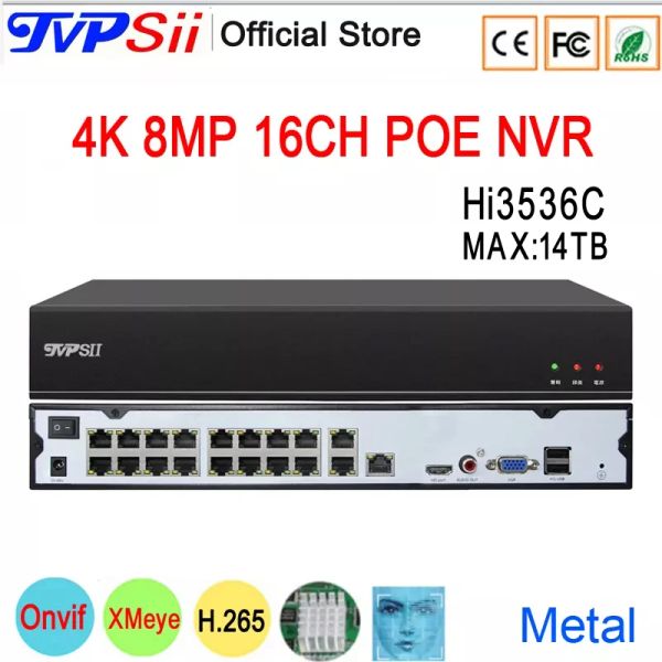 Detecção de face do gravador Metal HI3536C MAX.14TB XMEYE 4K 8MP 16 CANAL 16CH H.265+ AUDIO IP POE ONVIF CCTV DVR NVR