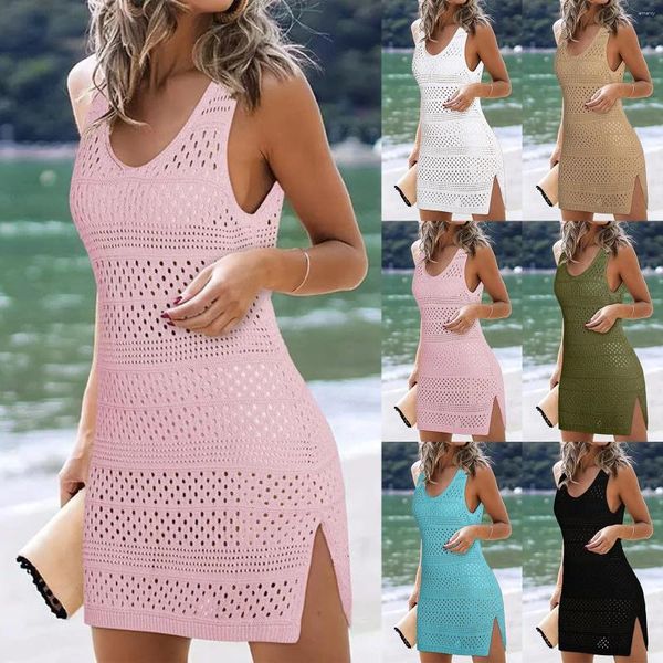 Vestidos casuais mulheres coberturas de cores sólidas crochet hollow out tricota praia vestido de banho de banho de banho de banheira v colina de pescoço para o verão