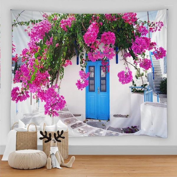 Arazzi Flower Seaview Landscape Wall Tapestry Wonging Mediterranean Sea Beach 3D Stampato Bigo Boho Home Decor