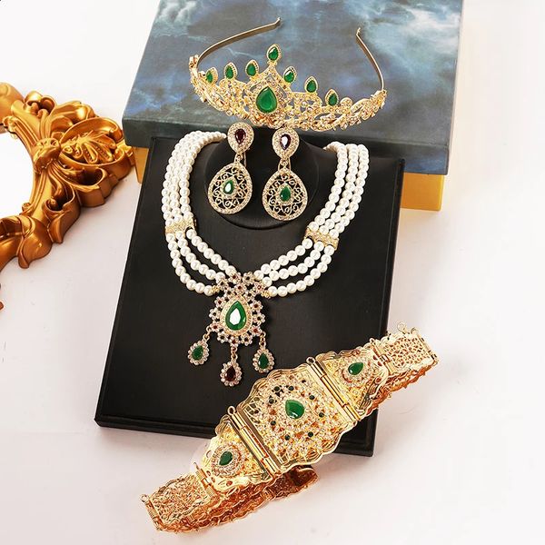 Jóias de casamento marroquino Conjunto de jóias árabes Correia de cintura de metal árabe Tiara Rainha Colar Brincos 240326