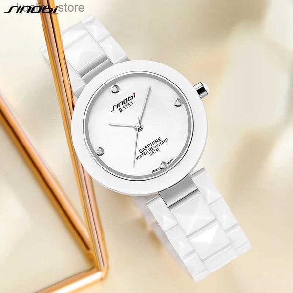 Relógios femininos Sinobi Novo marca de ponta Mulheres de Luxo Cerâmica Branca de Cerâmica Quartz Principal Elegant Ladies Diamond Clock L240402