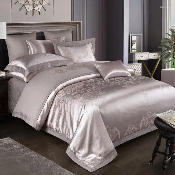 Bedding Sets Sateen Cotton Damask Jacquard Duvet Capa Luxuja 4pcs Silky Soft com zíper acolchoado travesseiros de adolescentes