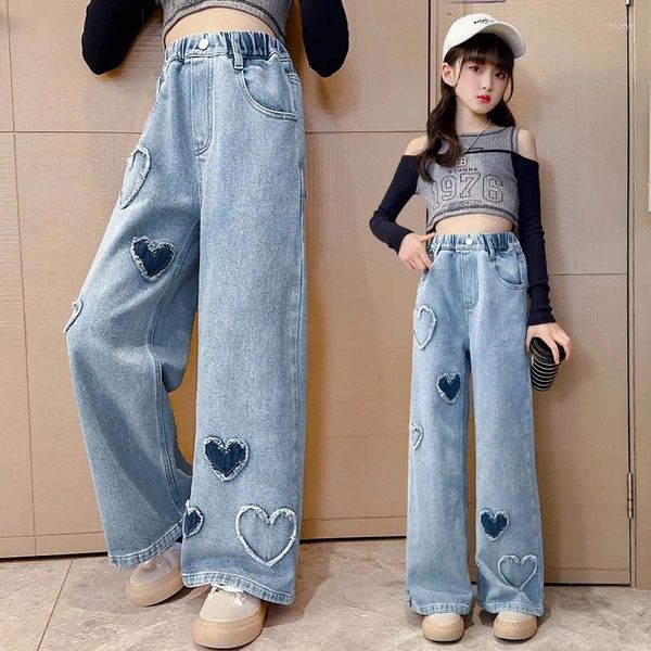 Pantaloni Spring Autumn Girls jeans Modello amore Solido stile Casual Stile Casual Lunga per i pantaloni da gamba a gamba in denim per bambini 4-14 anni