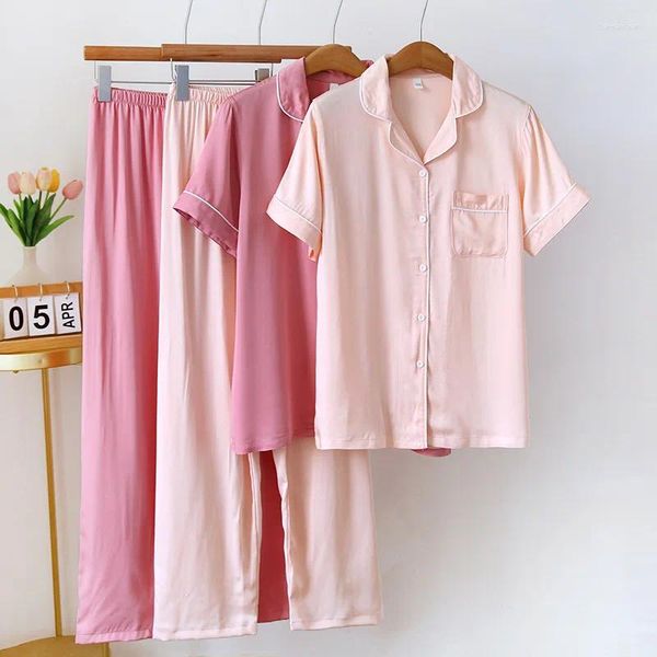 Ev Giyim 2024 Yaz İnce Saten Pijamaları Kadınlar İçin Kısa Kollu Pantolon Takım Kadın Katı Loungewear Güzel Pembe Homewear Sweet Seti