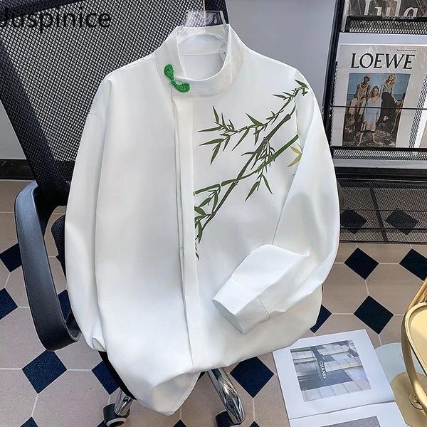 Camicie casual maschile in stile cinese retrò stampato in bambù camicia a maniche lunghe dipinti di pittura di drappeggi sciolti