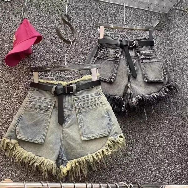 Jeans jeans shorts shorts ladies a vita alta retrò tutto con pantaloni a gamba larga con frangia di temperamento 2024 estate