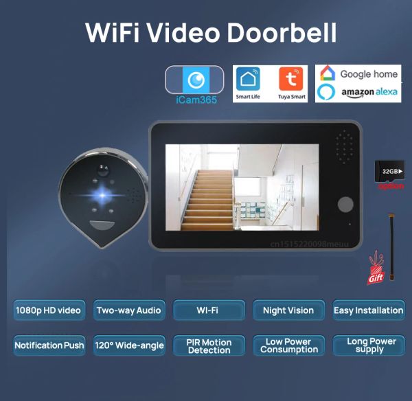 Bolts Tuya Smart WiFi Video Türklingel 1080p Eye Peephole Kamera 5000mAh 3mp Audio -Intercom 4.3 PIR Infrarot Alexa Call to to to to -Viewer