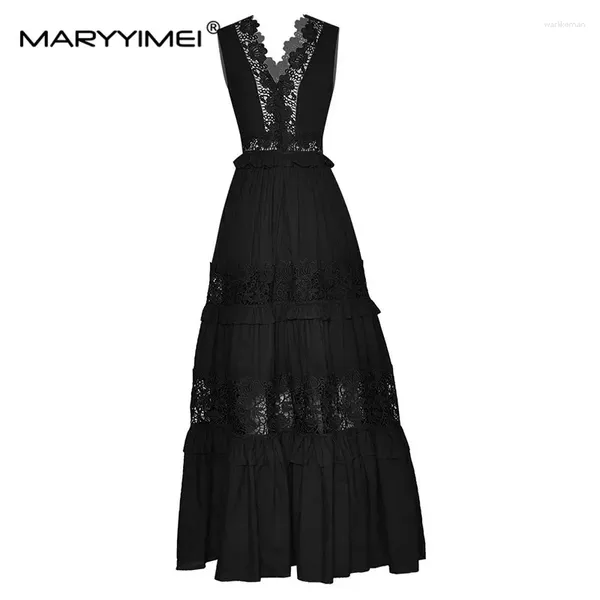 Abiti casual Maryyimei 2024 Fashion Runway Summer Black Party Women's Holiday V-Neck Sleeveless High Waist Out Loce Long Dress
