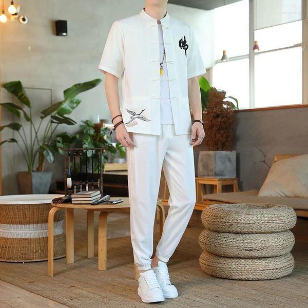 Camicie da maschere da uomo pantaloni estate cotone e lino elastico set di abbigliamento sportivo set casual camicia maschio camicia maschile dimensioni m-5xl tz079