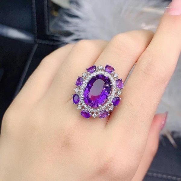 Ringos de cluster Luxury S925 Sterling Silver Ring Amethyst Zircon incrustado com joias de casamento coloridas para mulheres