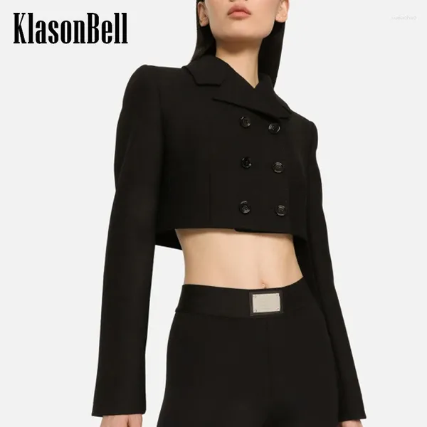 Ternos femininos 1,10 Klasonbell Black Temperament Moda de gola de lapela de casaco curto para mulheres ombreiras Blazer solto de peito duplo