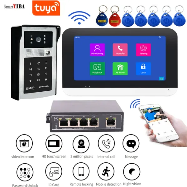 Intercom Smartyiba 802.3AF POE Switch Video Intercom Tuya Wifi IP Video Kapı Telefon Uygulaması Uzak Parola Kilidini Açma Yerel LAN İzleme