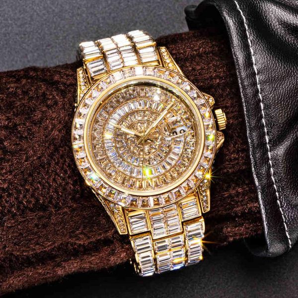 18K Praça Full Slow Diamond Watch Premium Zircon Water resistente a água Men Men Aço inoxidável ouro banhado luminoso Sapphire Data W1141013