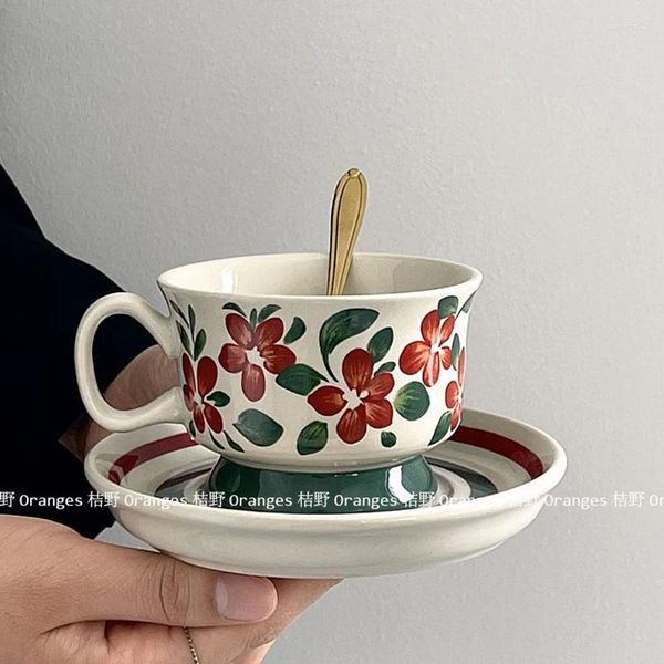 Bicchieri da vino tazza vintage piattini foglie verdi dipinte a mano foglie di piatto da tappetino da caffè in ceramica da caffè bevande bevande europea tè pomeridiano