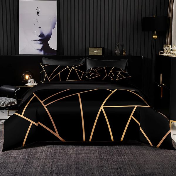 SIMLPY Black Bedding Sethigh Quality Duvet Covergolden linhas geométricas impressas para a cama king size queen king canteiro com travesseiro 240418