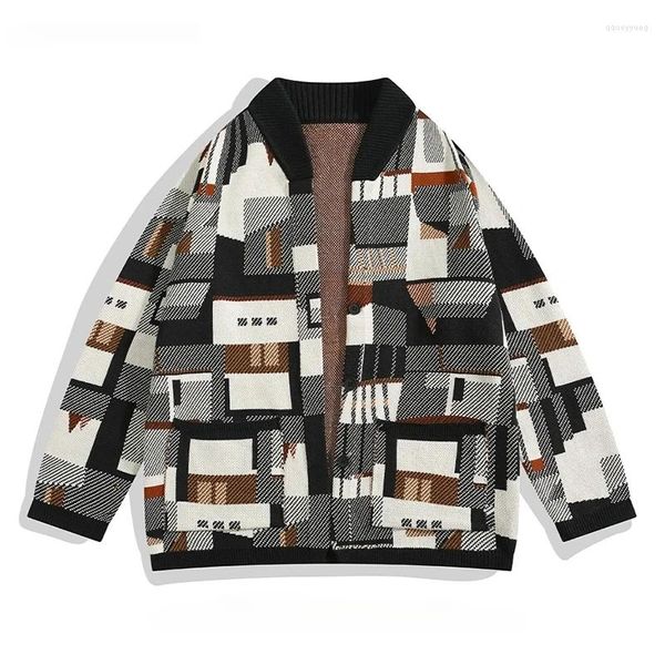 Maglioni maschili progettati giacca di giunzione geometrica per abiti cardigan unisex in stile casual in stile americano