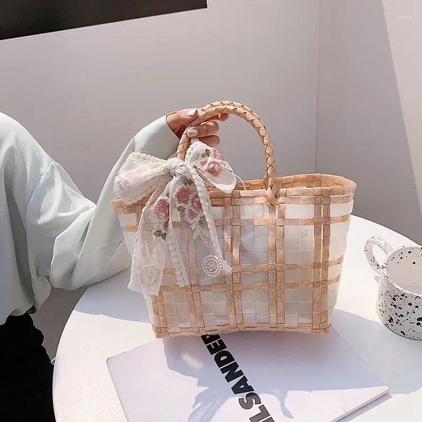 Borsa trasparente intrecciata in pizzo di grande capacità di grande capacità Estate 2024 spiaggia di cesto vegetale portatile di moda