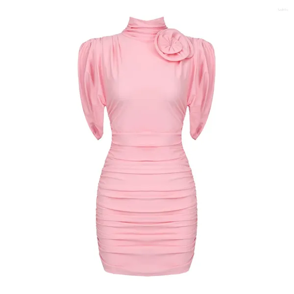 Платья для вечеринок 2024 Розовая черная 3D -тарелка Цветочная Высокая шея собрала женские мини -платье с коротким рукавом колла
